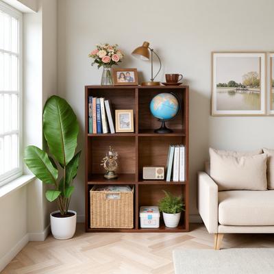 ZWYO HOSIMU "35.43"" Solid Rubberwood 6-Compartment Bookshelf with 2-Tier Open Display Shelves, Stackable Storage Organizer Cabinet"