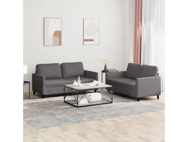 HEFZGDB 2-TLG. Sofagarnitur mit Kissen Grau Kunstleder Langlebiges Polstermöbel Schmutzabweisende Reinigung Robuste Stabilität Bequeme Sitzflächen Luxuriöser Look Wohnzimmer