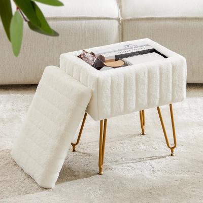 Inspire Select JHK Faux Fur Vanity Storage Stool With Hidden Compartment Plush Makeup Ottoman With Gold Metal Legs white