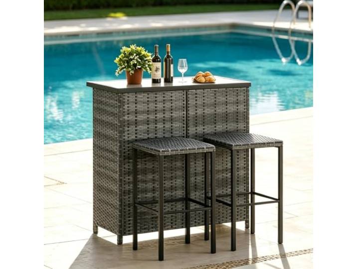 3-Teiliges Polyrattan Garten-Barset, Platzsparendes Polyrattan Bar-Set, Wetterfestes & Möbel, Mit Bartisch Und 2 Barhockern, Metallgestell & Ablagen, Rattan-Bar, Tresentisch, Barset Für Terrasse, Pool