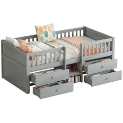 OKWISH Halbhohes Bett 90x200 aus Kiefernholz mit 4 Schubladen, Stauraum, Leiter und minimalistisches Design, platzsparend, Grau
