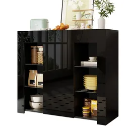 OKWISH Buffet 95x35x83 cm mit Glasregalen und Hochglanzfront modernes Sideboard Aufbewahrungsschrank Wohnzimmer Esszimmer Kommode Schwarz