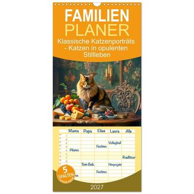 Familienplaner 2027 - Klassische Katzenporträts - Katzen in opulenten Stillleben mit 5 Spalten (Wandkalender, 21 x 45 cm) CALVENDO