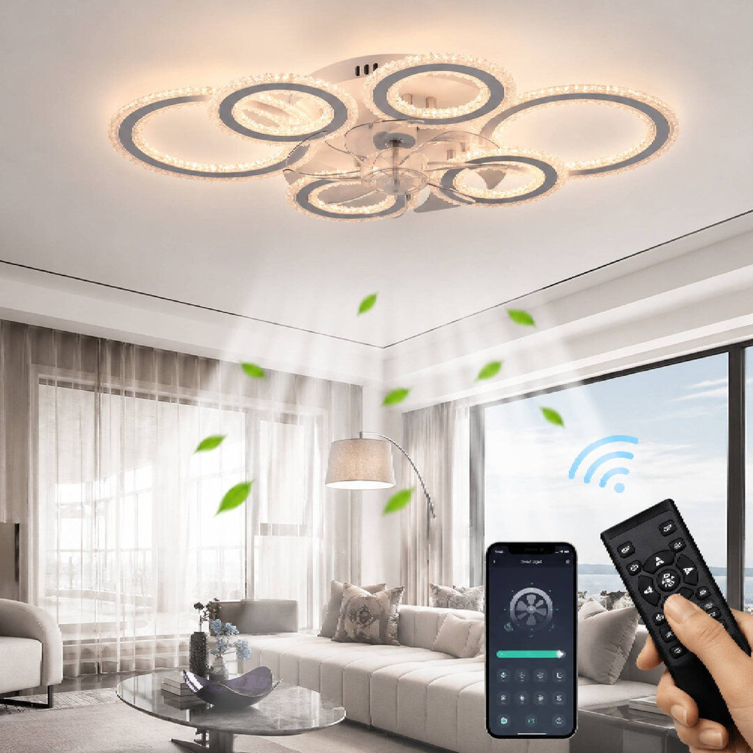 Blue Elephant Elora 76cm LED Dimmable Reversible Flush Mount Ceiling Fan with Lights and Remote White 35cm