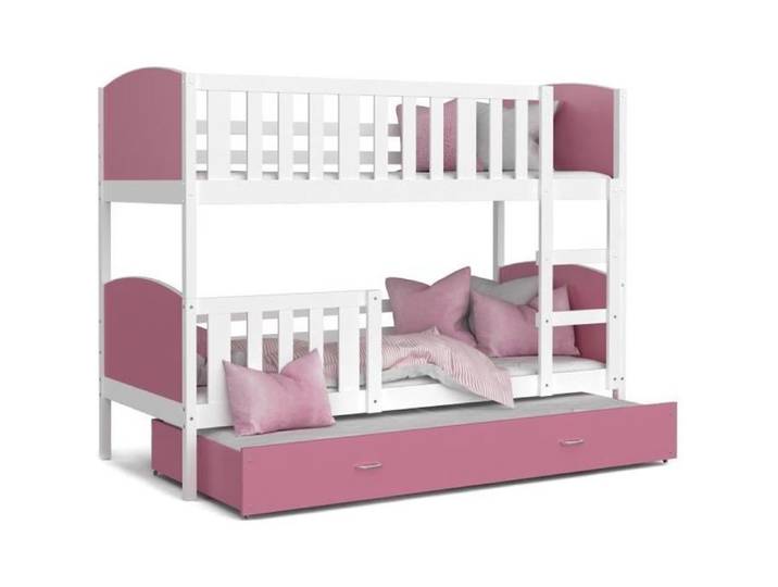 Lit Superposé 3 Places Tomy 90x190 gigogne + matelas Blanc - rose