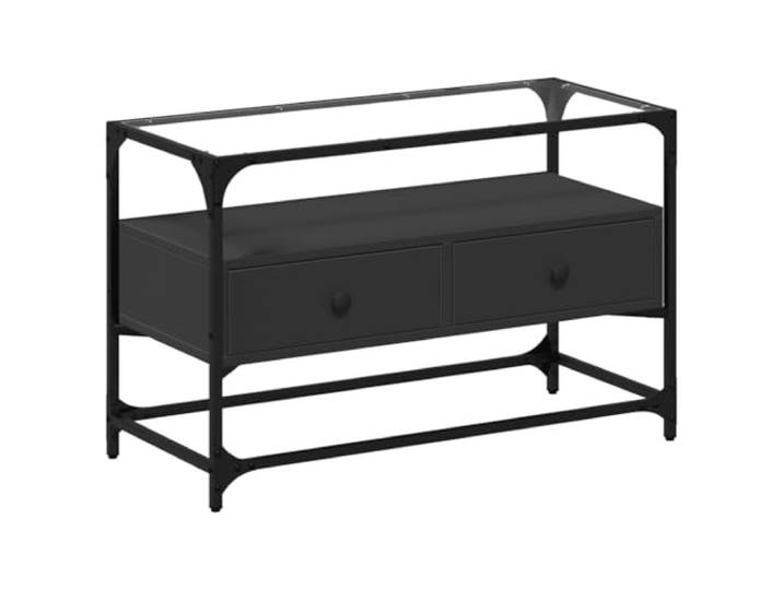 Roanoer TV-Schrank mit Glasplatte Schwarz 80x35x51 cm Lowboard Metall Industrielles Fernseh-Möbel fürs Wohnzimmer mit robuster Glasoberfläche und 2 Schubladen für geordnete Aufbewahrung.