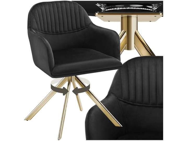 tectake® Esszimmerstuhl drehbar, Armlehnstuhl drehbar, ergonomischer Stuhl Samt, Stühle für Esszimmer, Möbel für Wohnzimmer, Arbeitszimmer, Esstisch, Schminktisch - schwarz/Gold