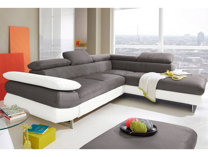 Ecksofa COTTA Solution L-Form, Design Sofa, bequeme Wellenunterfederung, Design Fuß , weiß (altweiß, grau), B:262cm H:73cm T:228cm, Sofas, Ecksofa, mit Arm- & Kopfteilverstellung, wahlweise mit Schlaffunktion