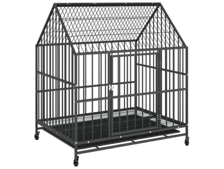 Hundekäfig mit Rollen, schwarz, verzinkter Stahl, mit Tablett Mobil, vier Räder, Bremsen, hohes Dach, Tür mit Riegeln, herausnehmbare Wanne
