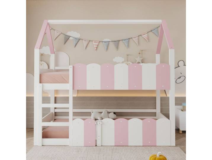 Enfants-lit superposé 90*200 cm Design en forme de maison avec des garde-fous élevés Convient pour les garçons et les filles rose