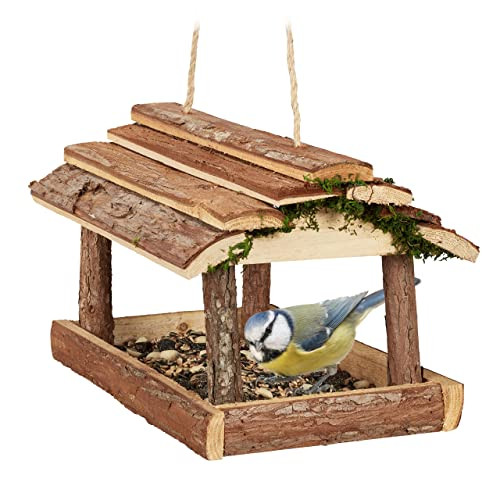 Relaxdays Hangend vogelvoederhuisje van hout, bruin en meerkleurig