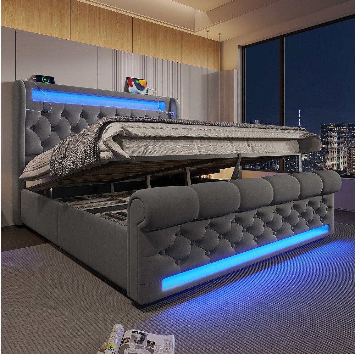 Hauss Spole Volwassen opbergbed 140x200cm met LED en USB type-C, grijze fluwelen stof, lattenbodem, zonder matras