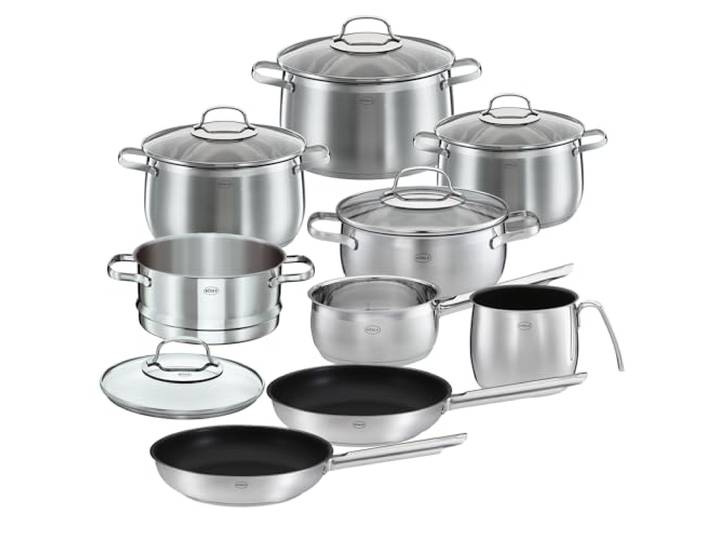 RÖSLE ELEGANCE GLOBE Topfset 10-tlg. aus Edelstahl 18/10, silbern Komplettset mit 6 Kochtöpfen, Dämpfeinsatz und 2 Bratpfannen – mit Glasdeckeln sowie induktions- und spülmaschinengeeignet