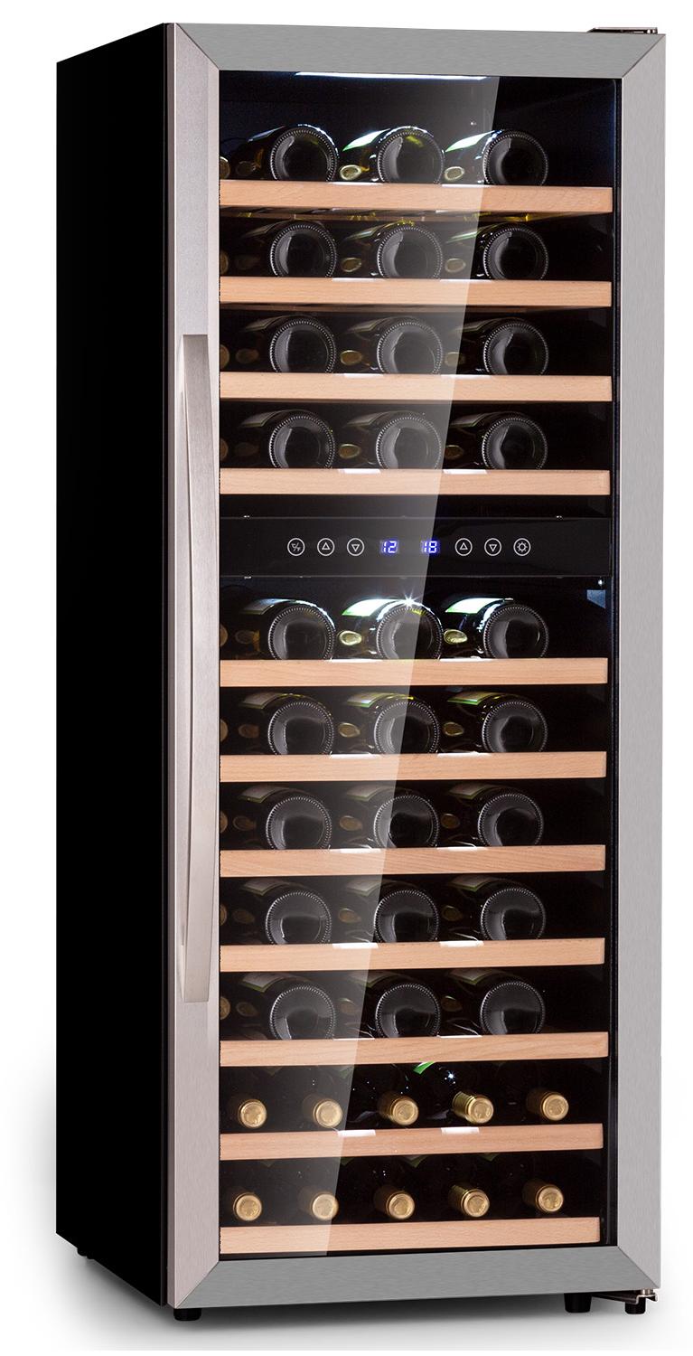Klarstein Weinkühlschrank, Getränkekühlschrank Schmal, Kühlschrank mit Glastür, Getränkekühlschränke Freistehend, Weinkühlschrank Klein, Weinkühlschränke 2 Zonen, LED-Beleuchtung, 5-18 °C, 73 Flaschen
