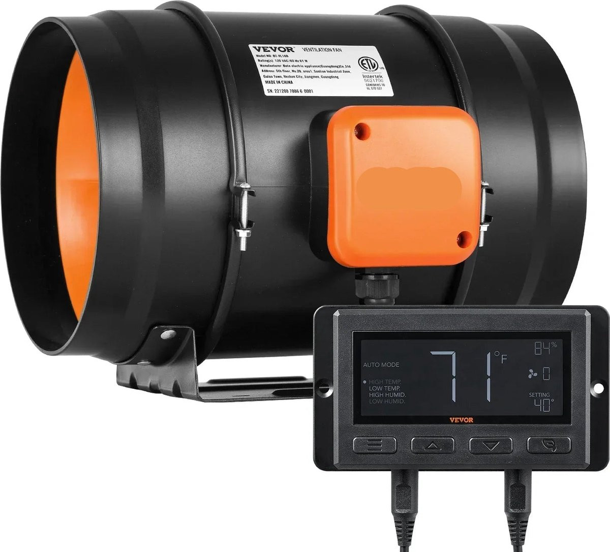 EC 6Inch Buisventilator met temperatuur- en vochtigheidsregelaar - Zwart en Oranje