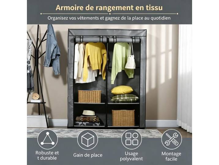 URTR Armoire en tissu non tissé pliable avec tringles et 4 compartiments fermeture éclair rangement chambre pratique gris clair