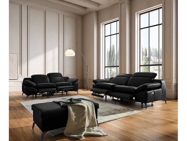 2-Sitzer Sofa Schwarz Echtleder Domna 194 x 83 x 110cm Kopfstütze verstellbar/Armlehne verstellbar/Relaxfunktion Schwarz Modern