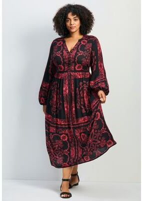 Plus Size Women's Eliana Scarf Placement Print Dress by Avenue in Crimson Reflection (Size 18)
