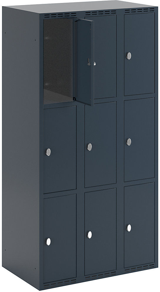 kaiserkraft 3er-Schließfachschrank Fydor, 3 Abteile, anthrazit, B 900 mm, 3 Abteile, flache Dachform, Vorhängeschloss