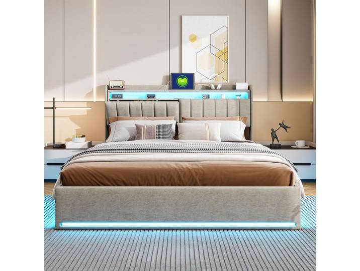 Lit Adulte 160x200 cm avce LED et USB Lit rembourré en velours Lit Coffre avce Rangement Rangement de chevet Gris