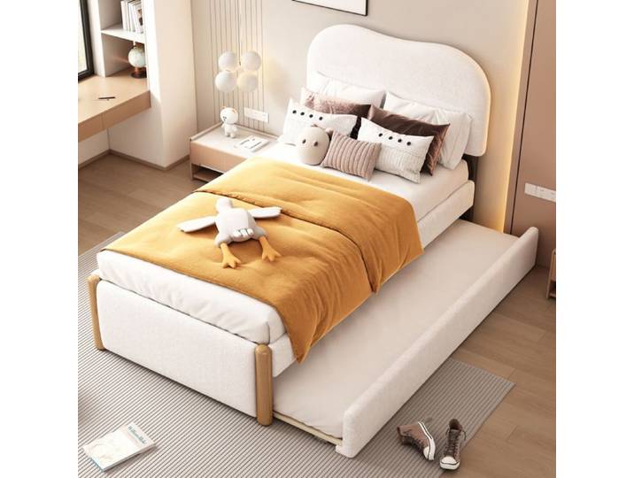 Lit enfant 90 × 200 cm rembourré blanc avec lit gigogne escamotable