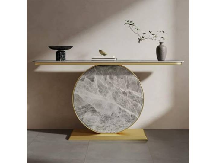 Weiwehome Schmaler Konsolentisch mit Sinterstein-Platte & Metallgestell Sinterstein-Oberfläche, platzsparend, stabiler Metallrahmen, modernes Design(Gold,31.5in*11.8in*31.5in)