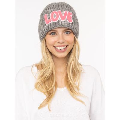 Beanie ZWILLINGSHERZ "Love Label", Damen, grau, Strick, Materialmix, Mützen Beanie, mit LOVE-Schriftzug und Wollanteil
