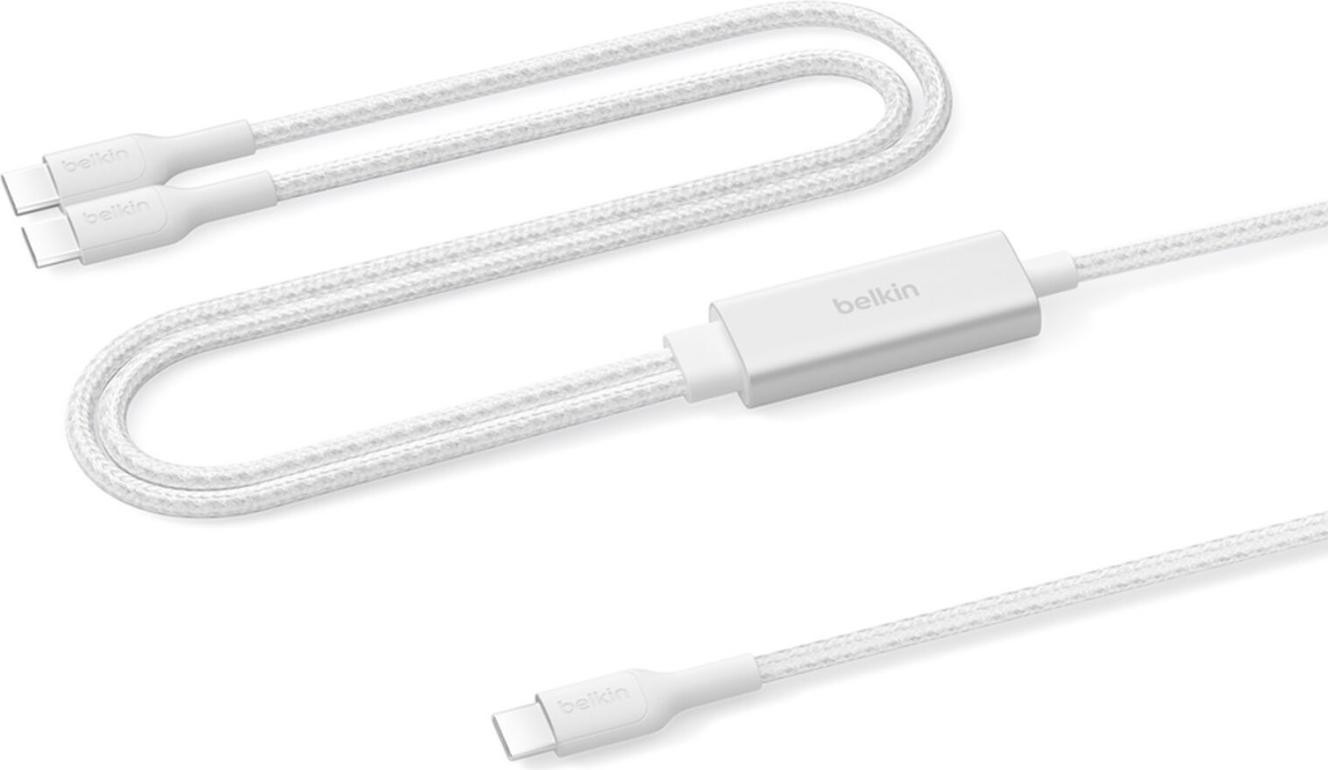 Belkin BoostCharge Pro 2-in-1 USB-C naar USB-C oplaadkabel 140W, Gevlochten kabel, Wit