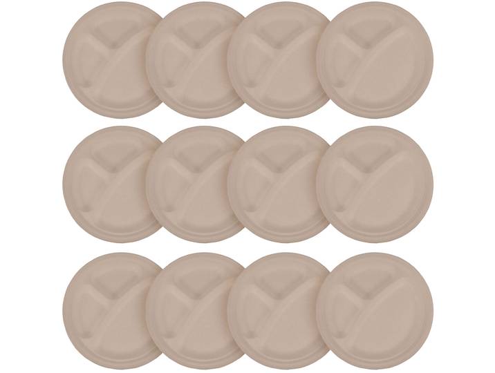 Teller rund aus Zuckerrohr 12er-Set, Teller biologisch abbaubar, 23 x 23 cm