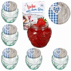 6er Set Frutta Vaso Marmeladenglas 580ml Holz Herz blau Deckel TO82 Rezeptheft