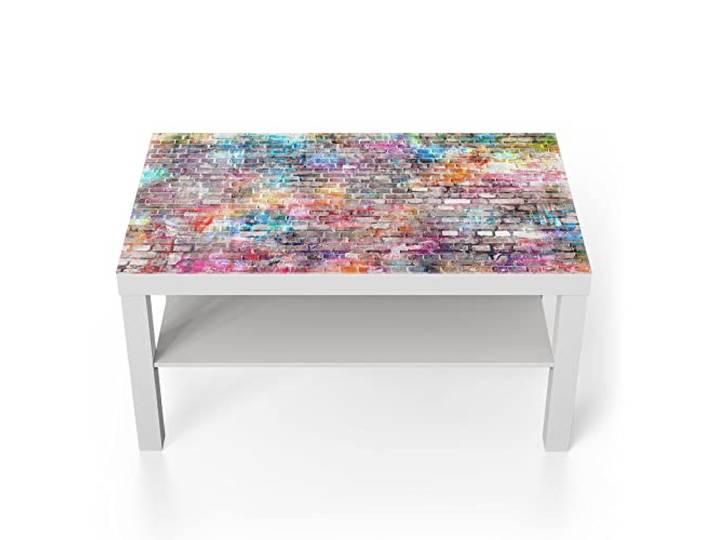 DEQORI Glastisch weiß groß 90x50 cm Motiv Ziegelmauer mit Graffiti ausgefallener Beistelltisch aus Glas Hochglanz Couchtisch fürs Wohnzimmer moderner Couch Tisch mit Design