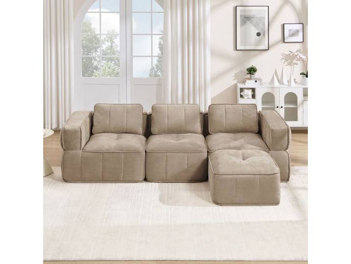 ROVRYN Canapé d'angle modulable 3 places avec pouf mousse 32D polyester sable