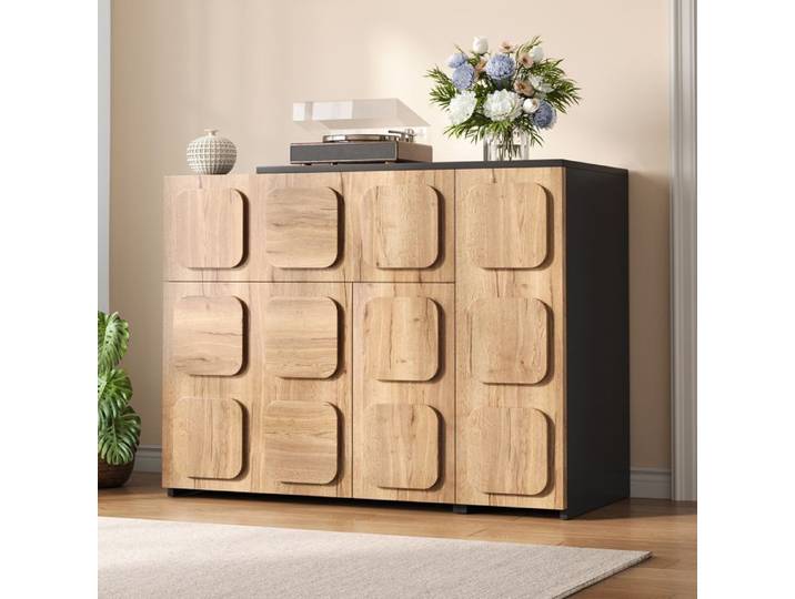 Buffet bas extensible en bois 107-158 × 35 × 83cm Buffet modulable Meuble de rangement salon avec 3 portes 1 tiroir naturel