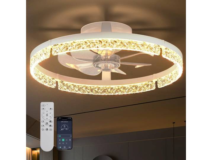 Ventilateurs de plafond avec éclairage et télécommande, ventilateurs de plafond à profil bas de 20 pouces, éclairage LED moderne à montage encastré dimmable 3000-6000K, ventilateur de plafond