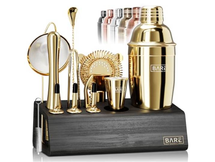 BARE BARREL® Mixology Barkeeper Kit Bar Set 14-teiliges Cocktail-Shaker-Set Pro Barware Mixwerkzeuge für Zuhause inkl. 35 Rezeptkarten Geschenkset (680.4 g Martini, Gold)