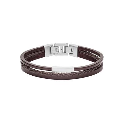 Armband FOSSIL "Schmuck Geschenk Edelstahl Leder VINTAGE CASUAL", braun (edelstahlfarben, braun), Armbänder, Damen, 19,5cm, Edelstahl Leder, Edelstahl, Leder, Armband