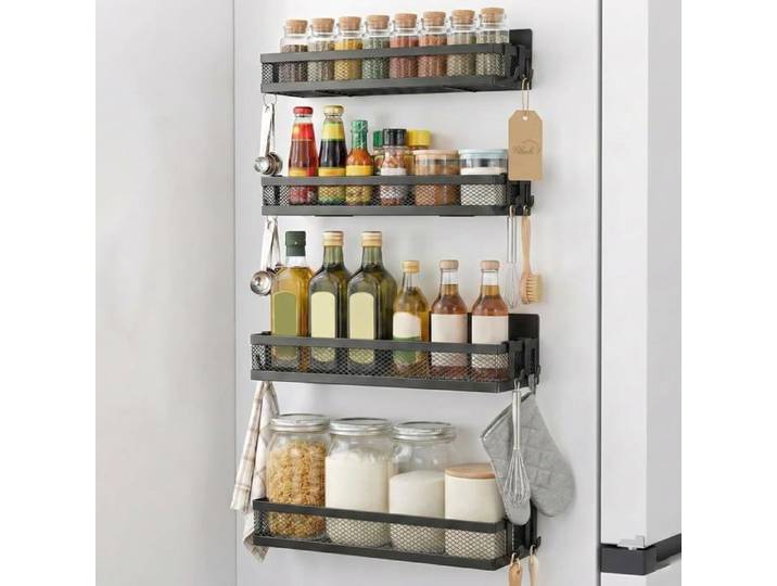 Porte-épices magnétique x4 - étagère murale réfrigérateur 4 crochets amovibles range-épices cuisine noir