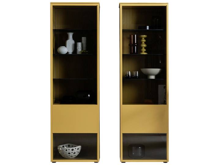 Schöner Wohnen Vitrinenkombination, Currygelb, Glas, je 3 Fächer, 140x200.8x45 cm, Holzmöbel, Wohnwände Holz, Wohnwand Serien Holz