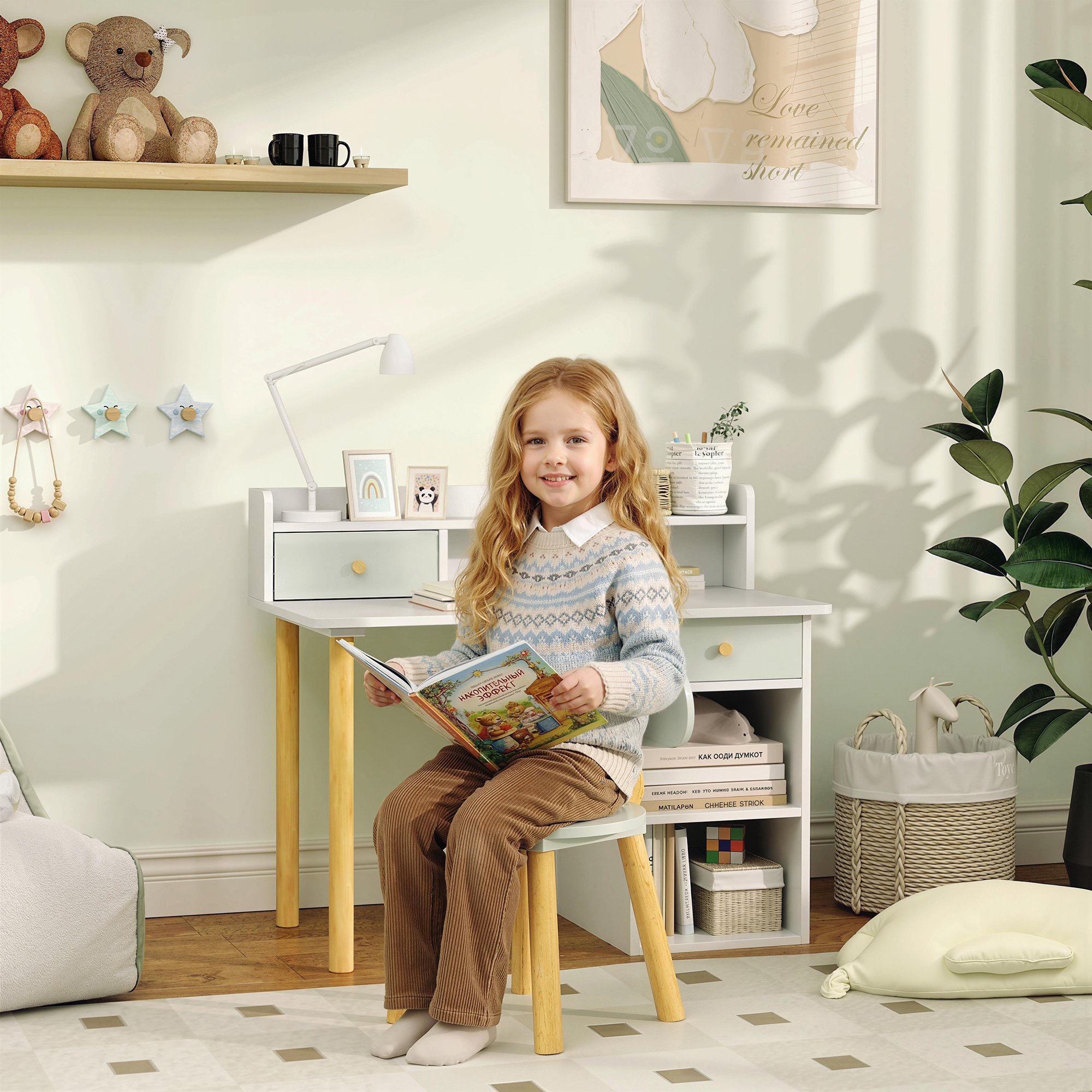 Aiyaplay Set Scrivania e Sedia per Bambini con 2 Cassetti e Ripiani in Legno, per Cameretta, Studio, Asilo, Verde   Aosom Italy
