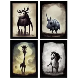 POSTER Set mit 4 Vierbeiner Tier im T Burton Goth Stil A3 Rahmenlos