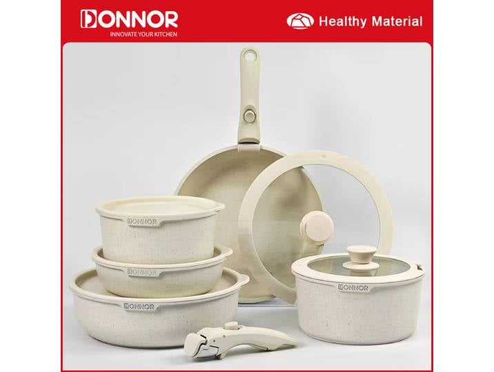 DONNOR 17 pièces ensemble de casseroles et poêles antiadhésives casserole en aluminium poêle à frire pot à lait ensemble d'ustensiles de cuisine poignée amovible poêle universel