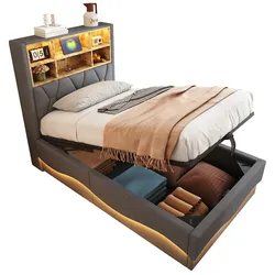 Polsterbett 90x200 cm mit hydraulischem Stauraum und LED-Beleuchtung – modernes Design in Grau für zimmer