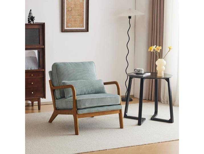 VINGLI Fauteuil de Salon avec Cadre en Bois Fauteuil d'Appoint Relaxation Chaise d'Attente Velours Côtelé Bleu