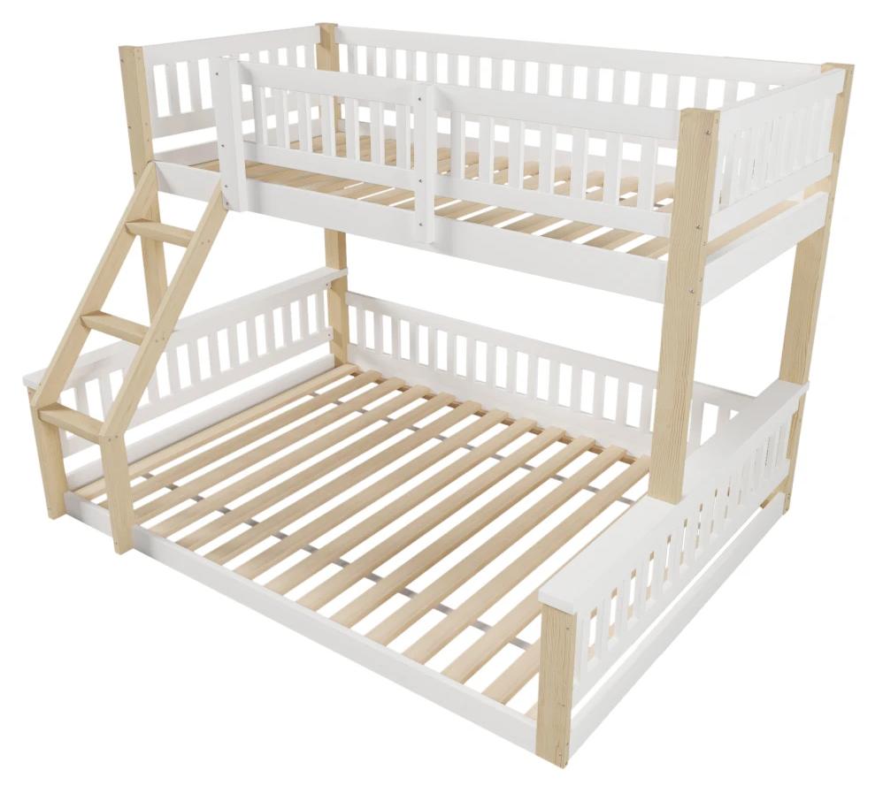 Kinder-Etagenbett - Kombibett 90 x 200 + 140 x 200 cm - Leiter - Bettgitter - Kiefernholz - Ohne Matratze - Weiße Holzoptik