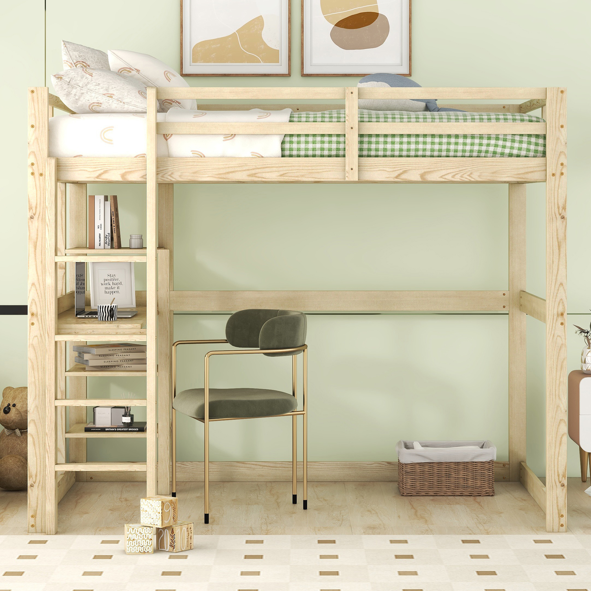 Sweiko Kinderbett Hochbett Bettgestell mit Stauraum, komplett aus Kiefer, mit 4 Ablagefächern und einer Schreibtischplatte, Natur, 140 X 200 cm
