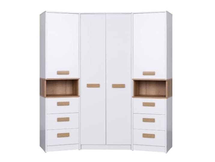 Design Möbel Eckkleiderschrank Set Gustavo - Mit 2 Regale Soft-Close - Holz Schrank Schlafzimmer Begehbarer Weiß Eiche Riviera 143x195x40cm
