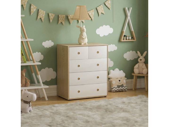 Commode 5 tiroirs Neptune Blanc & Chêne Meuble de Rangement Moderne Chambre Enfants
