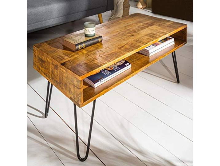 cagü Design Couchtisch MALITA Natur Mangoholz 2 Ablagefächer Schwarze Haarnadelbeine Metall 100cm x 50cm