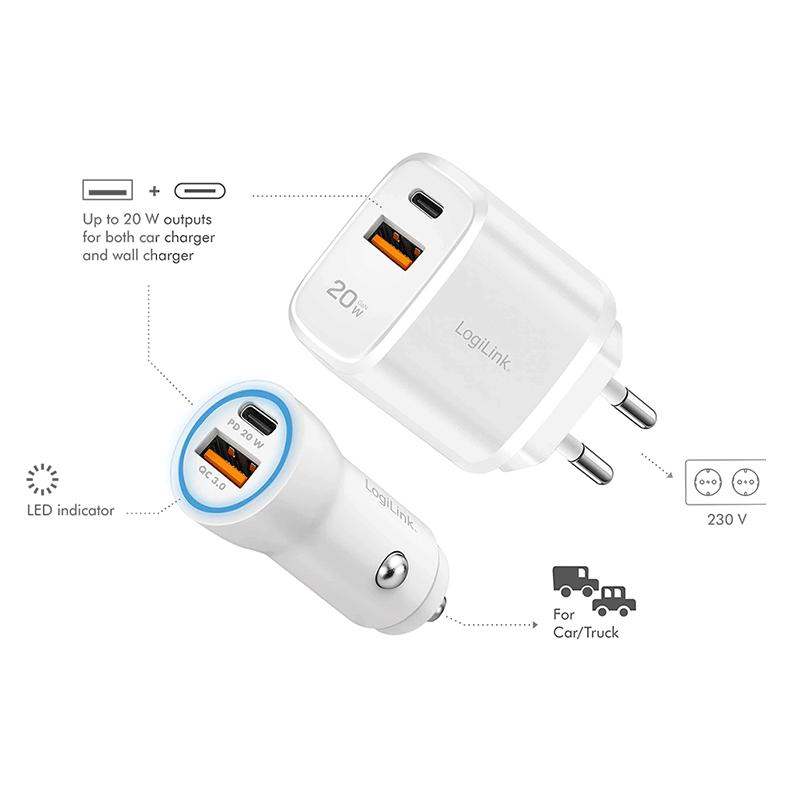 LogiLink USB-Ladeset, 20 W, 1x Kfz- & 1x Steckdosenadapter, je 1x USB-A+USB-C, weiss (20 W) (PA0374)