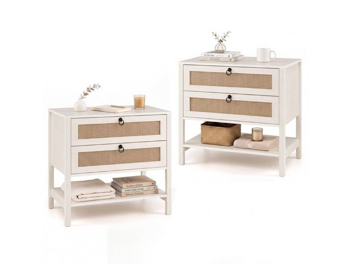 COSTWAY Lot de 2 Table de Chevet en Rotin avec 2 Tiroirs de Rangement et Étagère Ouverte pour Chambre Salon